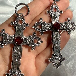 Gothic Silver Cross Earrings with Red Gem